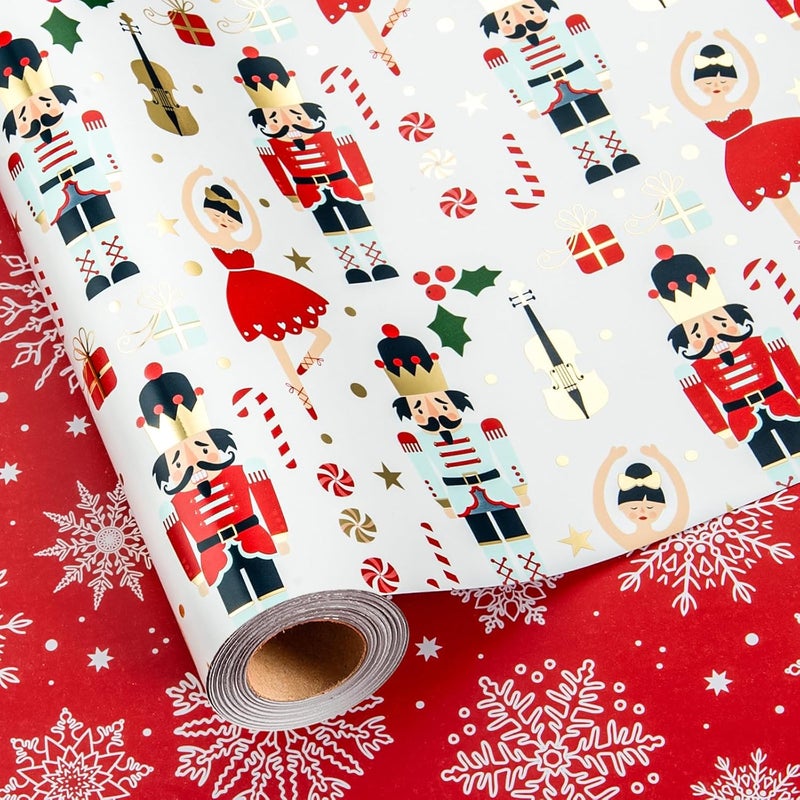 Retrify Christmas Wrapping Paper - Nutcracker Stars Girl Dance and Snowflake Pattern Metallic Gold Foil Shine Gift Wrap Paper for Holiday Shower Party Celebration - 17 Inch x 32.8 Feet Mini Roll - Image 2